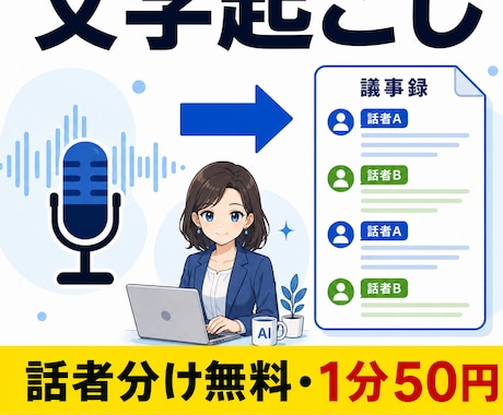 話者分け込み1分50円で文字起こしします 話者ラベル・タイムスタンプ・字幕ファイルまで全部込み。 イメージ1