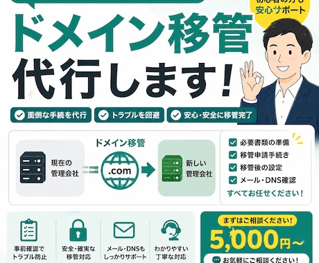 ドメイン移管代行します 面倒な移管手続き・DNS設定もサポートします イメージ1