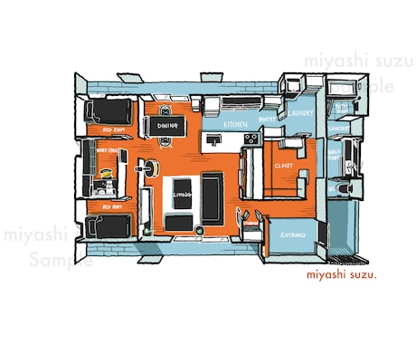 高品質！建築士が間取り図を立体的なイラストにします フルカラーも3色カラーも可！家具もおしゃれに描きます！ イメージ2