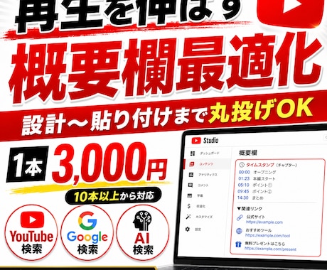 YouTube動画の外部・内部SEO対策します 外部流入と回遊を両取りする概要欄設計をし、概要欄を改善します イメージ1