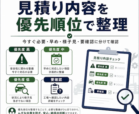 車検・修理見積りをプロ目線で確認します 本当に必要な修理か費用や優先順位まで分かりやすく助言 イメージ2