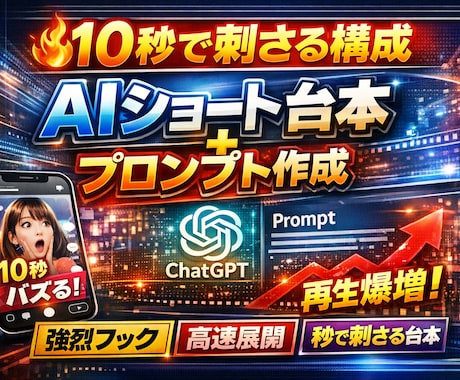 AIショート台本作ります ショート動画10秒で刺さる高密度台本＋生成プロンプト作成 イメージ1