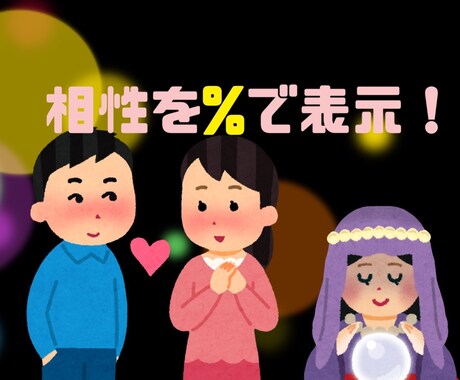 お相手との相性をパーセンテージ(%)で表示します 結婚前、後、性別等は分け隔てなく占いいたします。 イメージ1