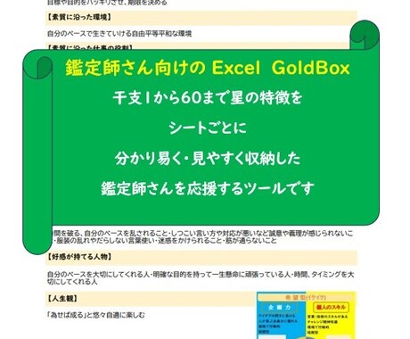 鑑定師向け干支60鑑定書Excelをお届けします 60干支の特徴を1シートごとにまとめた即戦機動型の鑑定ツール イメージ2
