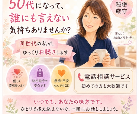 50代女性のモヤモヤ、同世代の私が優しく聴きます 夫婦・家族・仕事・これからの人生…何でもお話しください イメージ1