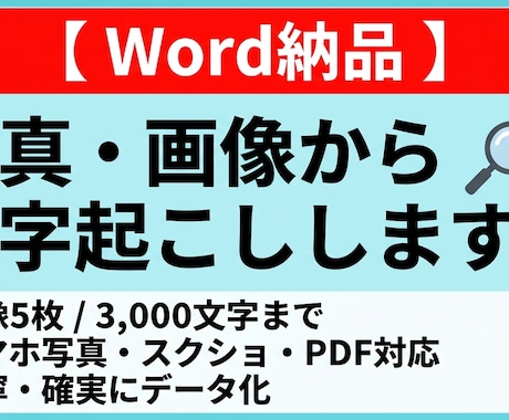 Word納品、画像・写真の文字をデータ化します お手元にある画像や写真を（.docx）で文字起こしします。 イメージ1