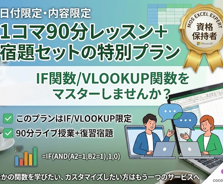 初心者向けのIF/VLOOKUP関数を開講します 90分レッスン＋復習用宿題がついてくるサービスです♪ イメージ1