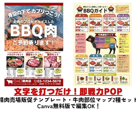 精肉部門POPをCanvaテンプレでご提供します BBQ販促POP＆部位別BBQガイド 2枚セット イメージ1