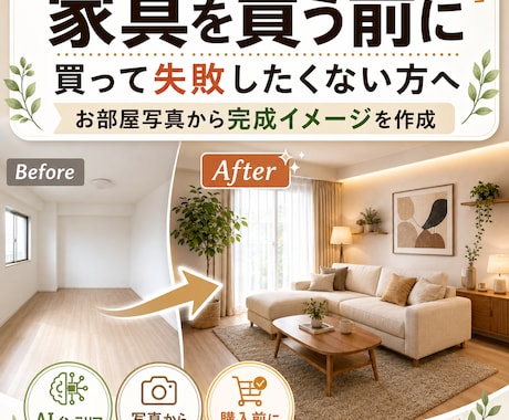 お部屋写真から理想のインテリアイメージを作ります （家具を買う前に理想のお部屋を画像で確認） イメージ1