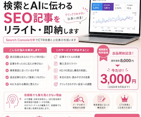 検索とAIに伝わるSEO記事をリライト・即納します サーチコンソールを元にクリックされやすい記事へと改修します イメージ1