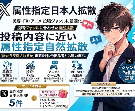 X業界初！ 属性指定可能！リポスト拡散します 5RP＋50いいね＋5ブクマ＋5000インプ保証！分割可能 イメージ1
