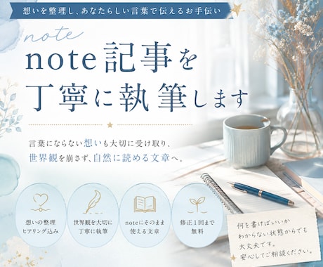note記事をあなたらしい言葉で丁寧に執筆します 想いや世界観を整理しながら自然に読めるnote記事へ整えます イメージ1