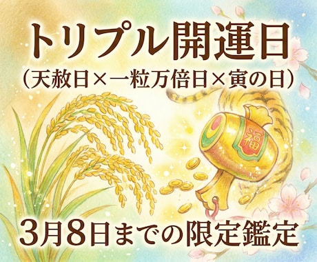 トリプル開運日の効果を最大限に活かします 【3月8日までの限定鑑定】一年に数回しかない開運日をあなたに イメージ1