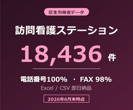訪問看護ステーションの営業リスト提供します 電話番号100%／18,436件／2026年6月末時点 イメージ1