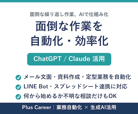 生成AIで面倒な作業を自動化・効率化します メール・資料作成・繰り返し作業を生成AIで仕組み化します イメージ1