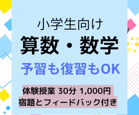 体験授業割引！小学生に算数・数学のレッスンをします 前の学年に戻った“復習”・先取り“予習”も対応可能です！ イメージ1