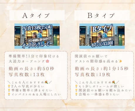 選べる４タイプ｜結婚式オープニングムービー作ります 大人気のゲスト参加型演出やメッセージムービーもあります♡ イメージ1