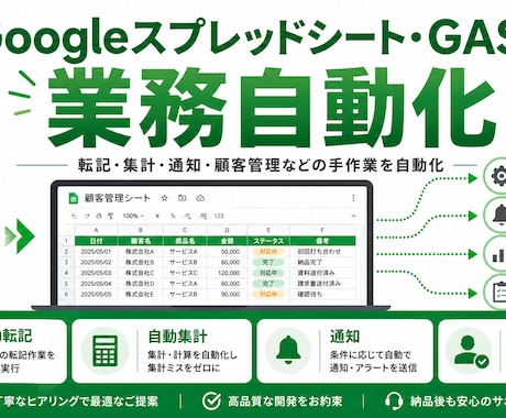 スプレッドシート・GASで業務自動化します 転記・集計・通知・顧客管理などの手作業を自動化 イメージ1