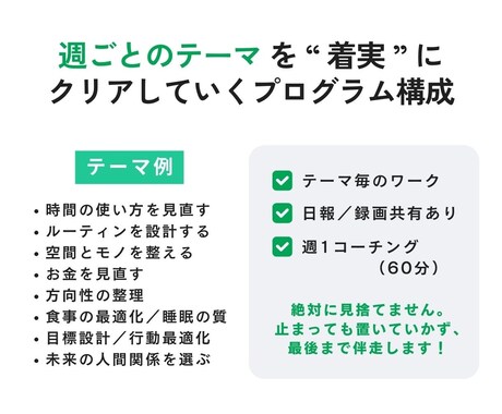 やらないことを決めるプログラムで3ヶ月間伴走します やらないことを決め、土台を整えて、やりたいことに集中する イメージ2
