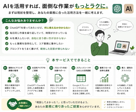 ChatGPT、Claudeの業務活用を考えます AIを使いたいけど、何から始めればいいか分からない方へ。 イメージ2