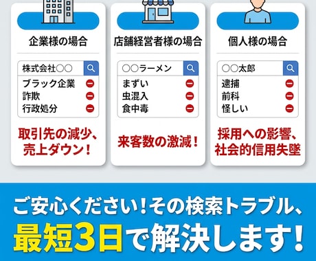 誹謗中傷・風評の検索候補を非表示にします 業界最安値でネットの悪質な誹謗中傷を最短3日で解決します。 イメージ2