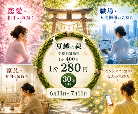 夏越の祓 期間限定価格 実施いたします 透視｜生年月日 本名不要｜不倫・曖昧・遠距離・恋愛・対人関係 イメージ1
