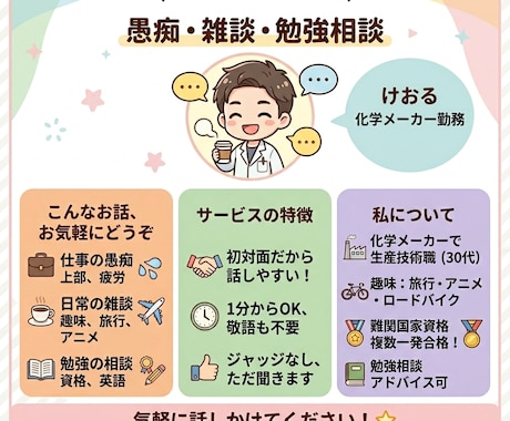 愚痴も雑談も勉強相談もOK！話し相手になります 仕事帰りに愚痴を聞きます！勉強相談・雑談もどうぞ イメージ1