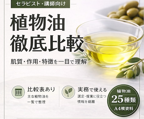 植物油脂25種の効能一覧表PDFをお渡しします 25種を肌質・効能・酸化安定性で徹底比較 イメージ1