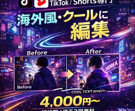 海外でバズるクールなショート動画に編集します 60秒以内のクールな音源でテンポと雰囲気を重視した編集 イメージ1