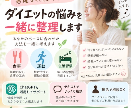 ダイエットの悩みを一緒に整理します 無理なく続ける方法を一緒に考えます イメージ1