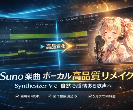 AI楽曲をSynthV2でボーカルリメイクします 著作権譲渡！商用利用可。AI楽曲をシンセで歌い直します。 イメージ1