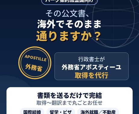 行政書士が外務省アポスティーユ取得を代行します 「海外提出書類、これで通る?」をゼロにします。 イメージ2
