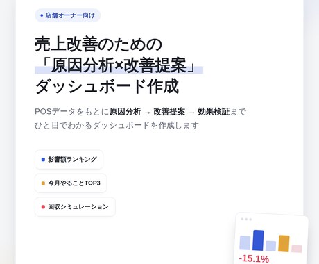 売上改善「分析×改善提案」ダッシュボード作成します なぜ売上が落ちているか、数字で1分でわかります。 イメージ1