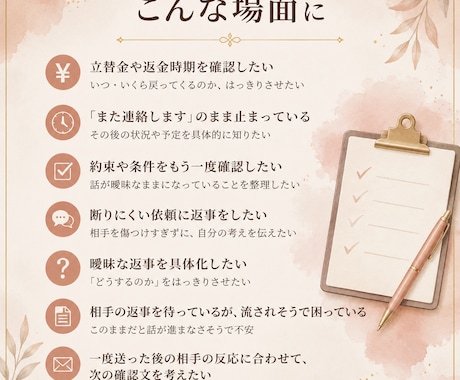 強く言いすぎず、でも引かない確認文を作ります 必要な返事を引き出し、次に進むための確認文を整えます。 イメージ2