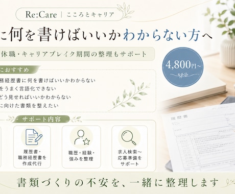 内容が整理された履歴書・職務経歴書を作成します 採用・キャリア支援会社代表が応募のための書類を丁寧に整えます イメージ2