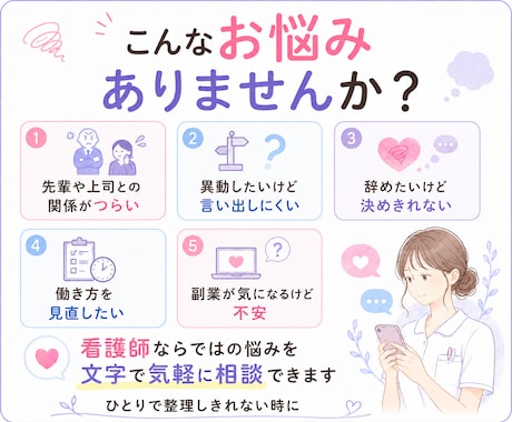 精神科病院主任経験がある看護師が職場の悩み聞きます 職場の人間関係・異動・退職のモヤモヤを3往復で整理します イメージ2