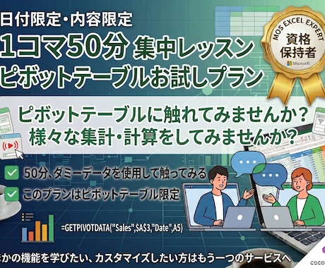 1コマ50分♪ピボットテーブルレッスンを開講します ピボットテーブルに触れてみたい！使いこなしたい！かたへ イメージ1