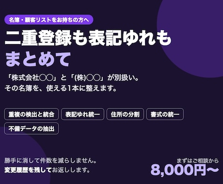 顧客リスト・名簿の名寄せと整形をします バラバラの名簿を、使える1本にします イメージ1
