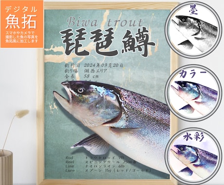 デジタル魚拓：リアル/墨/カラー/水彩から選べます 手刷り魚拓のような風合いで、一味違うデザインをお求めの方へ イメージ1