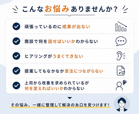 営業の悩みを整理して改善策を一緒に考えます 売れない原因を整理して、明日からの行動を明確にします イメージ2