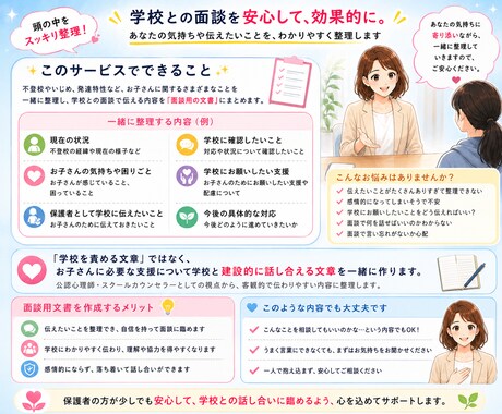 公認心理師が学校との面談内容を一緒に考えます 不登校・いじめ・発達特性等について整理し、面談用文書にします イメージ2