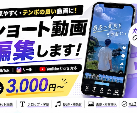ショート動画を最後まで見たくなる動画に編集します 動画編集を丸投げしたい方大歓迎！見やすくテンポよく編集します イメージ1
