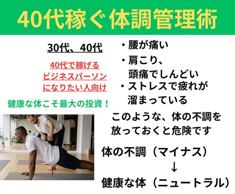 40代稼ぐ体調管理術を提供します 30代40代で体に不調を抱える人向け！体の専門家がサポート イメージ1