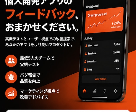 個人開発アプリ専門！リリース前の検証をします 1ヶ月で50件以上の対応実績を持つチームが本気で対応！ イメージ1