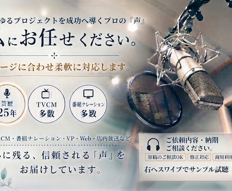 現役プロがナレーションいたします 歴25年オーバー/地上波映像多数出演/迅速丁寧/高品質 イメージ2