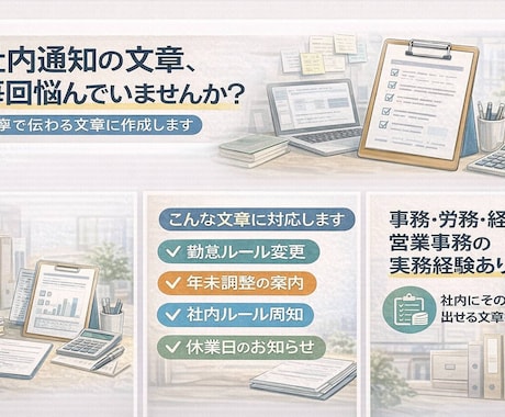 社内・部署向け通知文・案内文を丸投げ作成します 文章がうまく書けず、送信ボタンが押せない方へ。 イメージ2