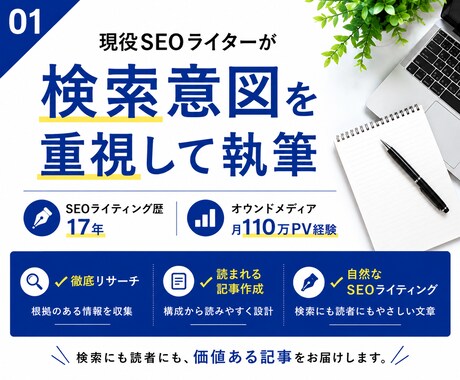 ユーザーの検索意図を重視したSEO記事を執筆します 丁寧なヒアリングで安心！徹底リサーチでこだわり抜いた記事を。 イメージ1