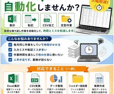 Excel・CSVの集計や転記作業を自動化します 繰返し作業を効率化！手作業によるミスや作業時間を削減します。 イメージ1