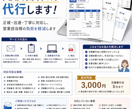 見積書・納品書・請求書の作成を代行します 面倒な書類作成を、正確・丁寧にサポートします イメージ1