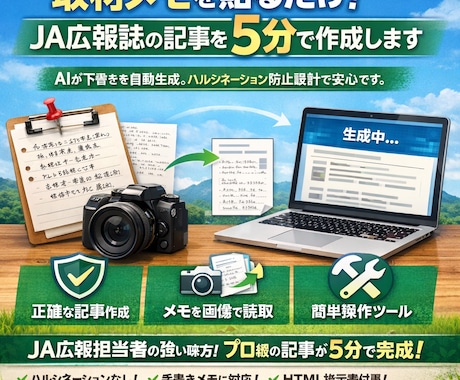 取材メモを貼るだけ。5分で記事完成します 広報誌の記事作成を“ほぼ自動化”します イメージ2